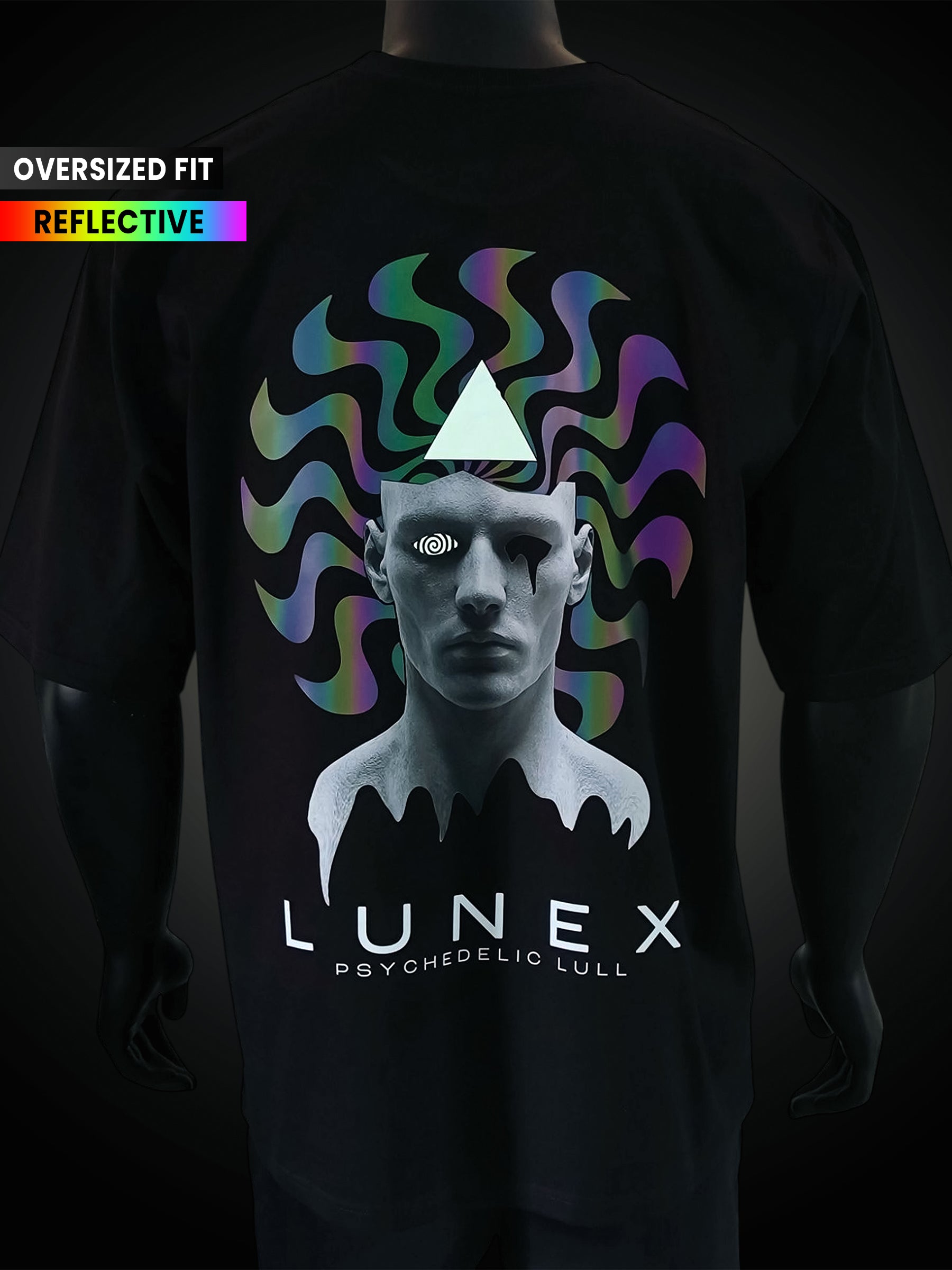 Black t-shirt with colorful graphic design and 'Lunex' branding on a dark background