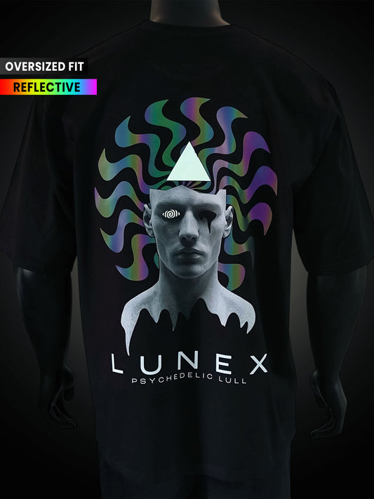 Black t-shirt with colorful graphic design and 'Lunex' branding on a dark background